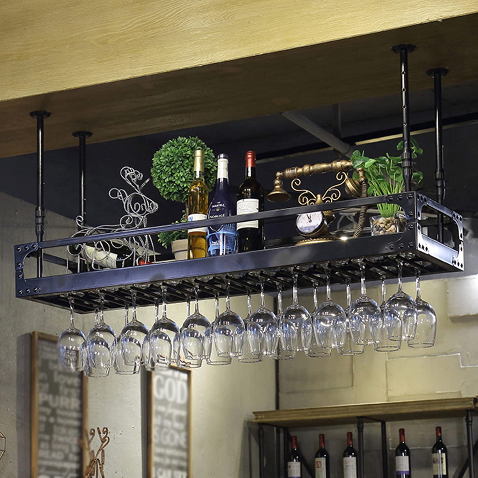 Étagère de bar suspendue au plafond pour verre à vin et bouteille de vin 120cm
