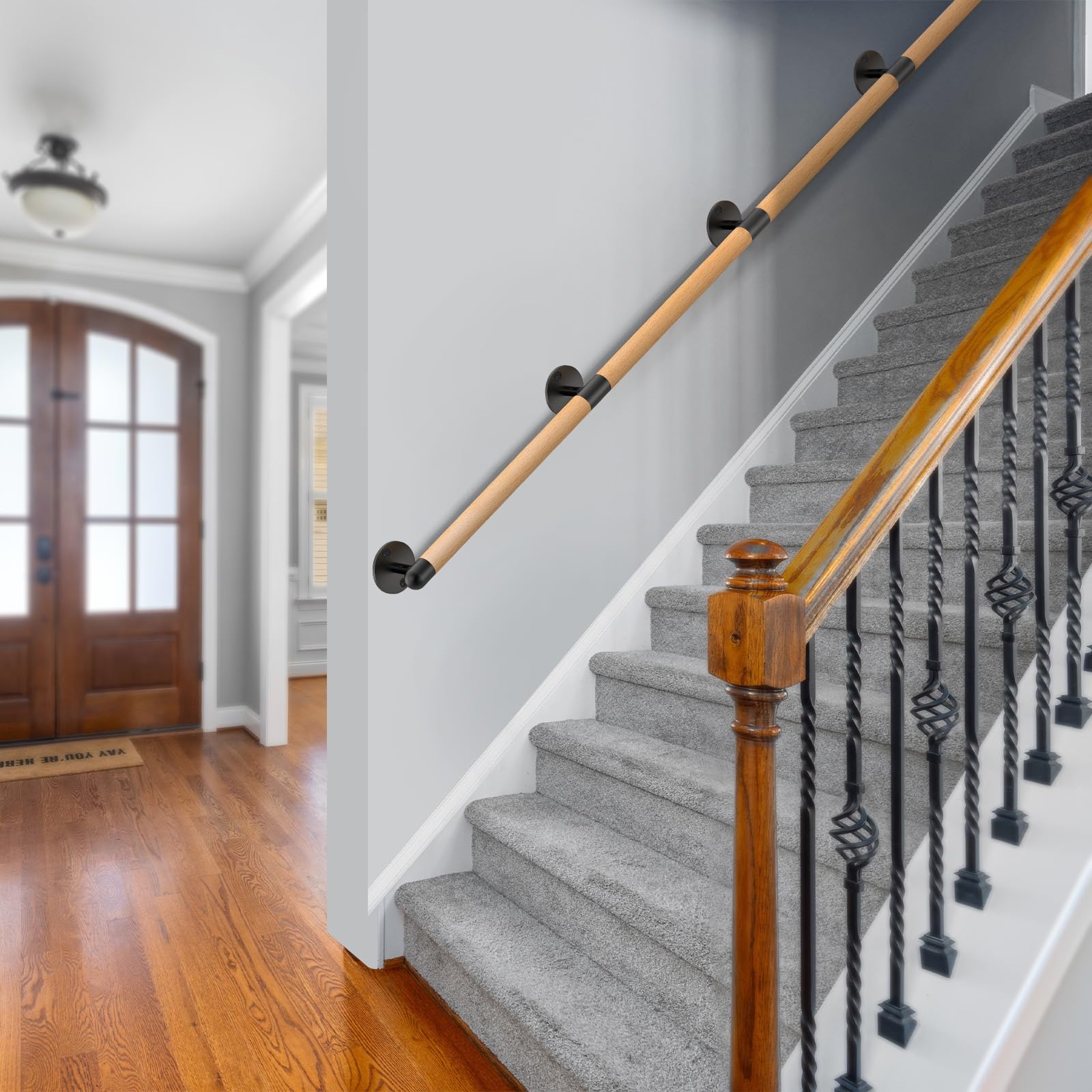SELEWARE 67 Inch Wood Handrail Indoor Stairs Handrail Wall Mount Handrails w/Sturdy Metal Barckets - Image 2