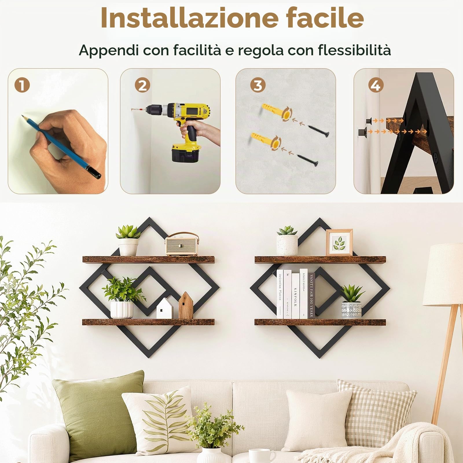 Mensole Galleggianti, Set di 2 Mensole da Muro Design, Mensole da Parete da 40 cm, Ripiano Decorativo Sospeso a 2 Livelli, Mensole Sospese in Legno per Soggiorno, Camera da Letto, Bagno