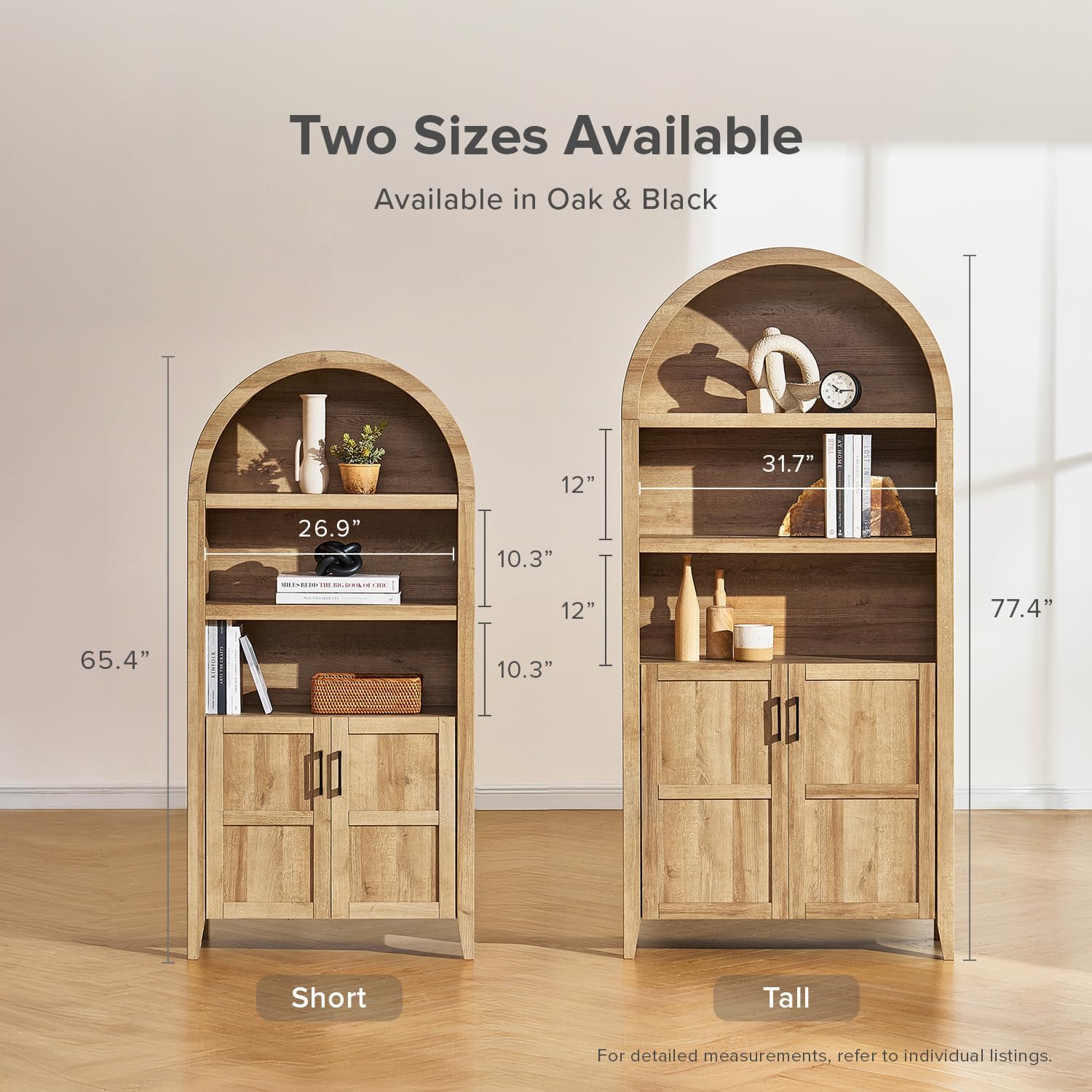 mopio Lauren 77.4" Tall Arched Cabinet, The Original 5-Tier Bookcase with Doors and Adjustable Shelves, Arch Bookshelf with Storage, Wooden Storage Cabinet for Living Room and Kitchen Pantry (Oak)