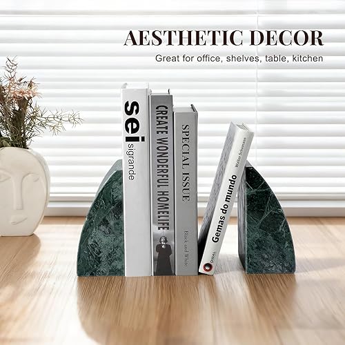 Miniatura 7 de Koville Sujetalibros de mármol para estantes, sujetalibros grandes de piedra de 8 libras para libros pesados, tapón antideslizante y resistente,