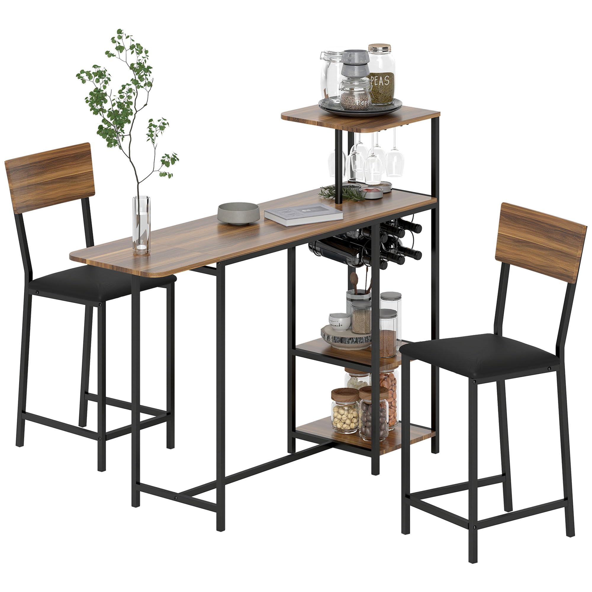 HOMCOM Set da Bar 3 Pezzi con Bancone Bar Pieghevole Allungabile e 2 Sgabelli Alti con Schienale e Poggiapiedi, Portavini e Portacalici Integrati, Stile Industriale, Tavolo Bar per Soggiorno, Marrone