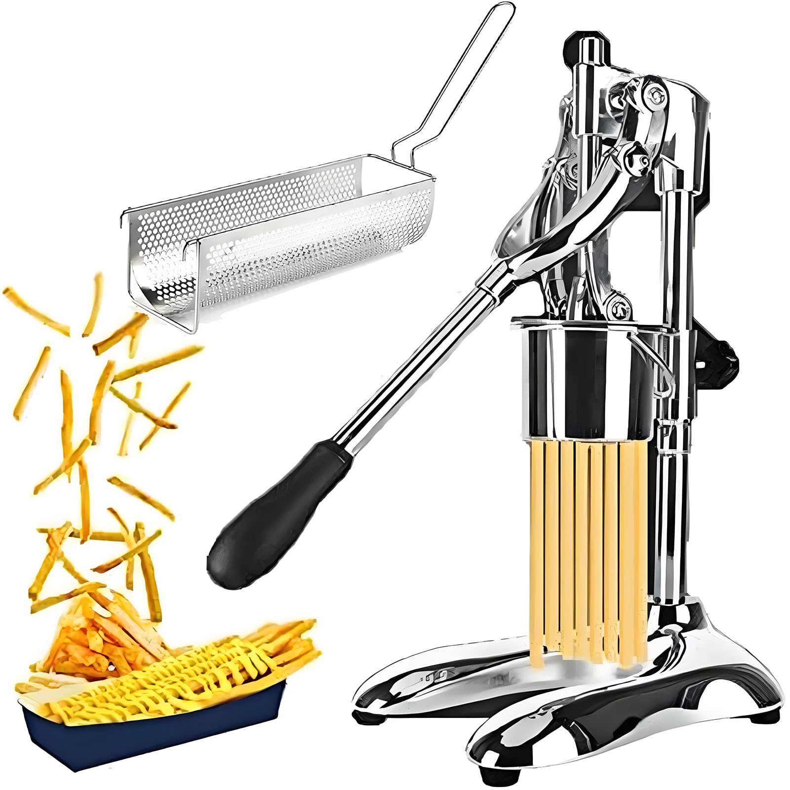 Exprimidor de Papas Fritas Extralargo, Manual, de 30 Cm, con Cesta para Freír, Tubo Desmontable De 12 Orificios Y Base Lastrada en Forma De U, Ideal para Food Trucks Y Cocinas