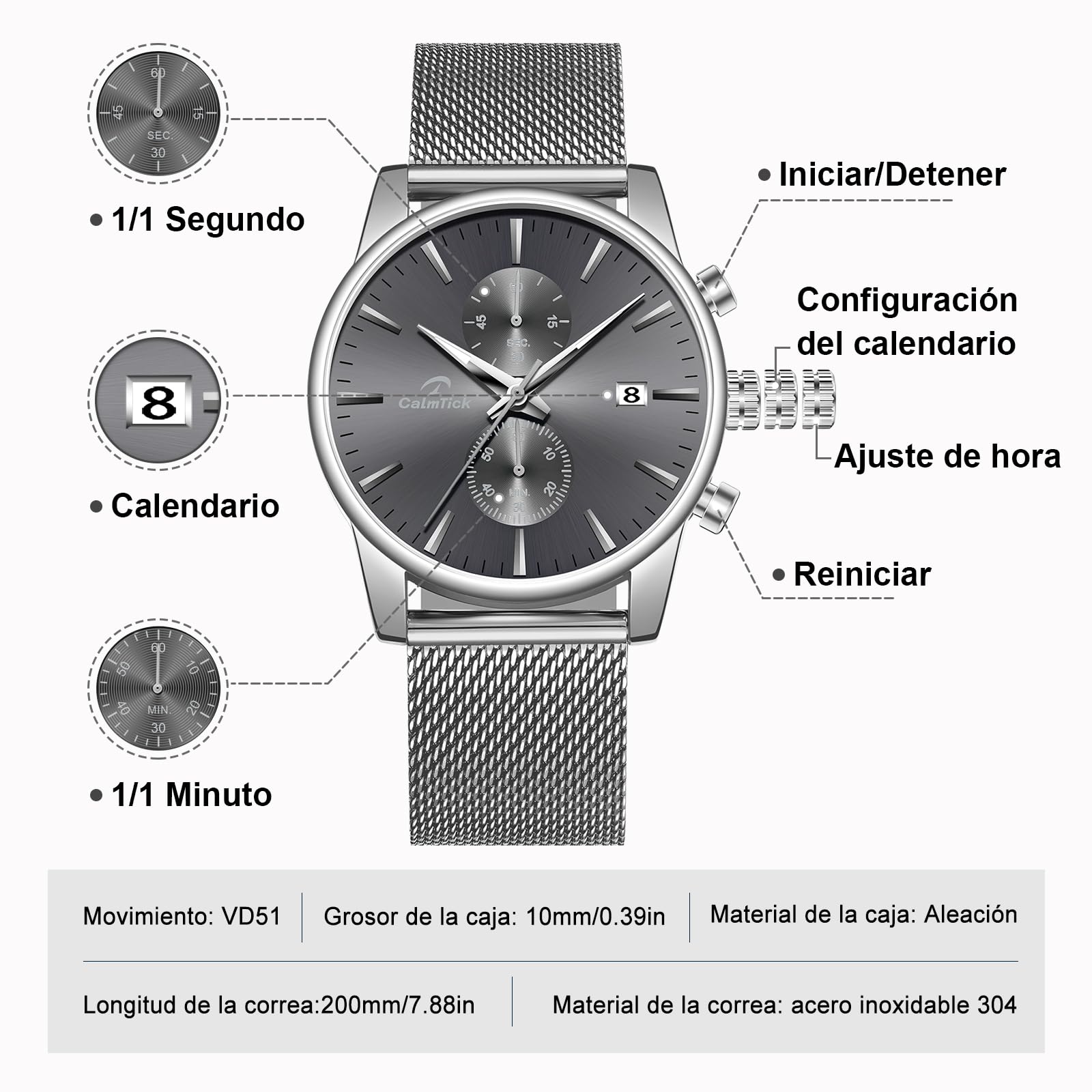Quarzuhr für Herren, leuchtende Zeiger, Datumsanzeige, Chronographen-Hilfszifferblatt, wasserdicht bis 30 m, japanisches Uhrwerk VD51, klassische Business-Uhr