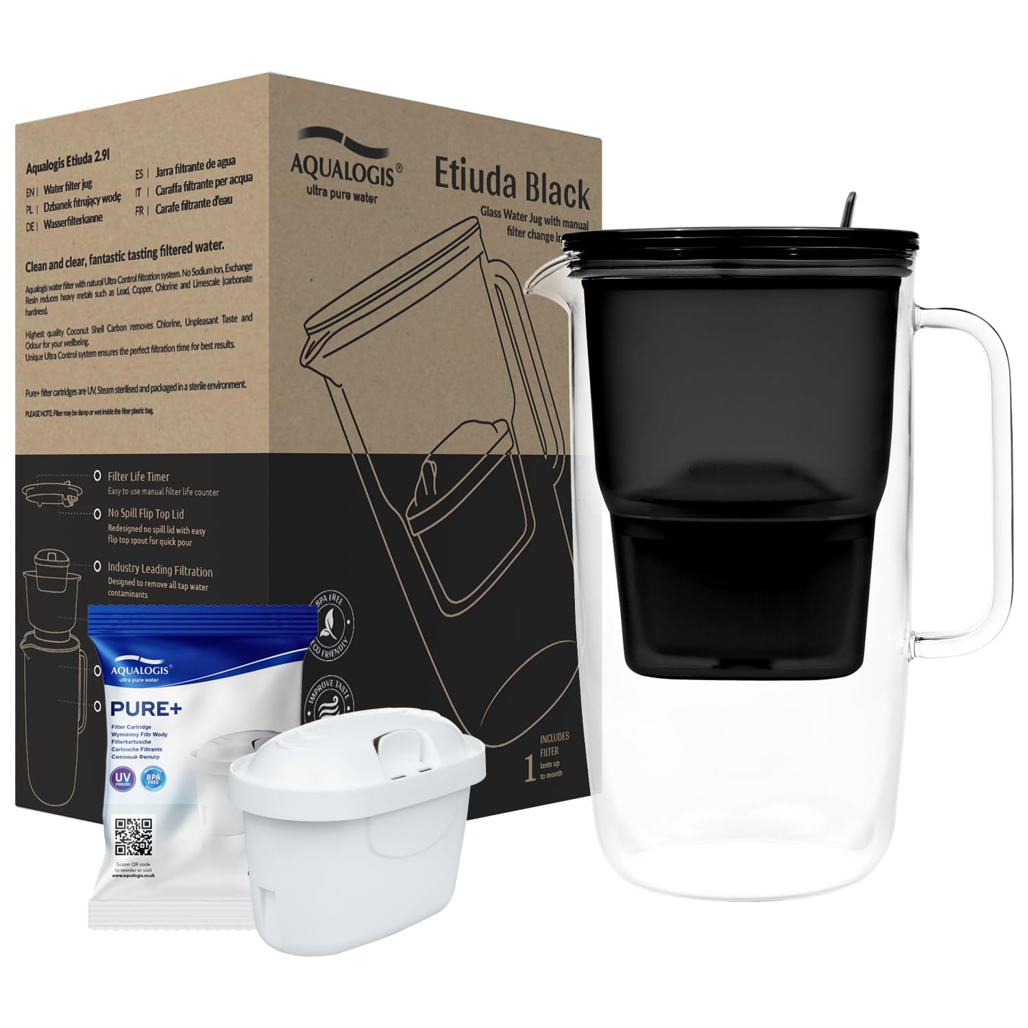 Aqualogis Etiuda 2,9 L | Jarra de cristal de alta calidad con filtro de agua | con 1 cartucho Pure + | Negro | Reduce los olores y el sabor