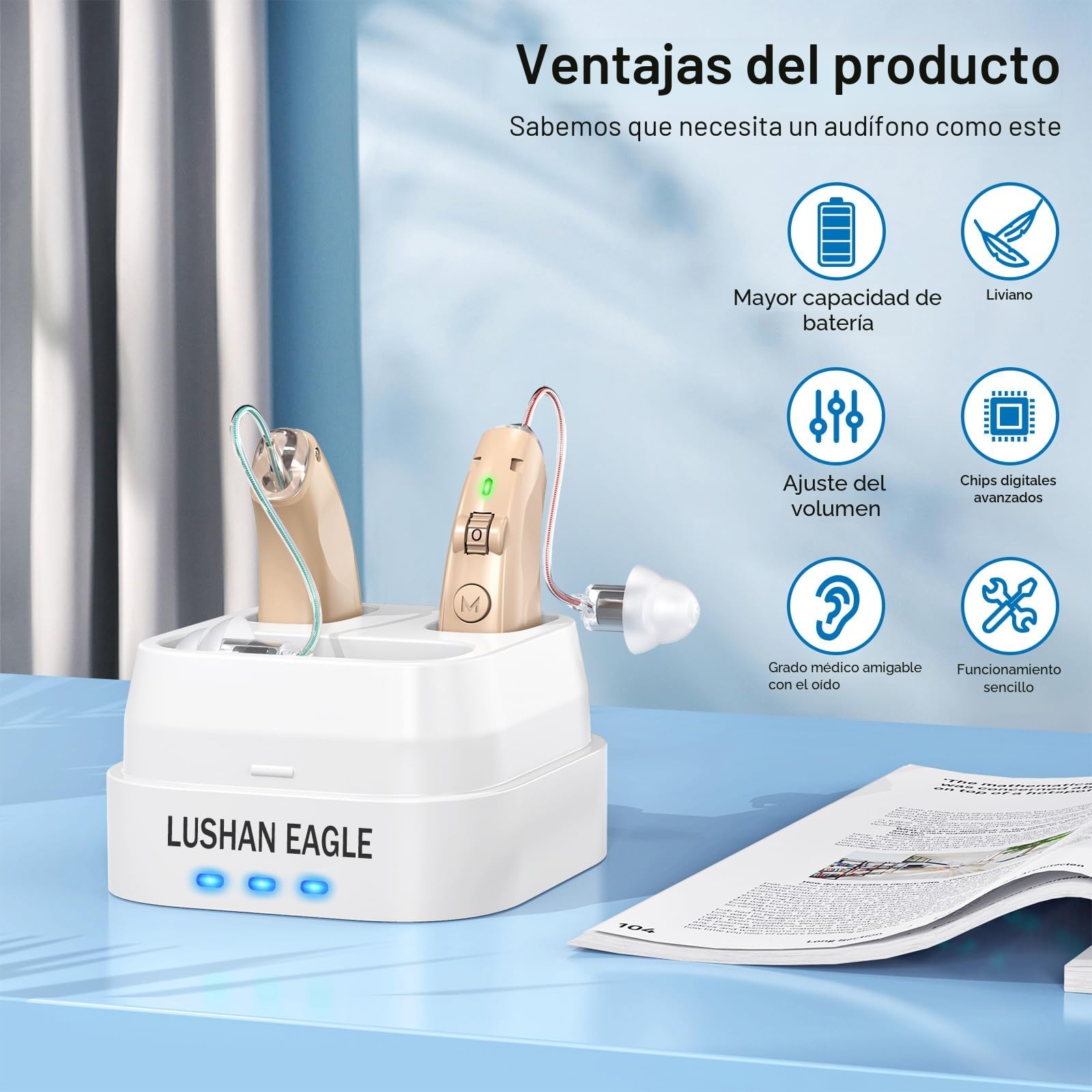 Auriculares amplificados Amplificador de sonido Recuperan un sonido claro Reducción de ruido inteligente con chip digital recargable