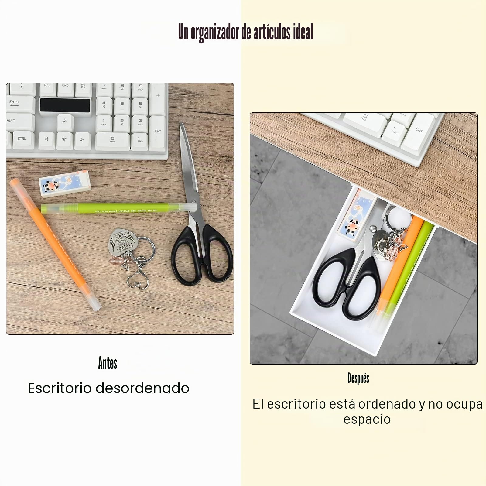 2 Piezas Cajón Debajo del Escritorio, Cajón Debajo de la Mesa Organizador con Mango, Organizador de Papelería Autoadhesivo, Organizador de Cajones Autoadhesivo para Oficina/Escuela/ Hogar, Blanco