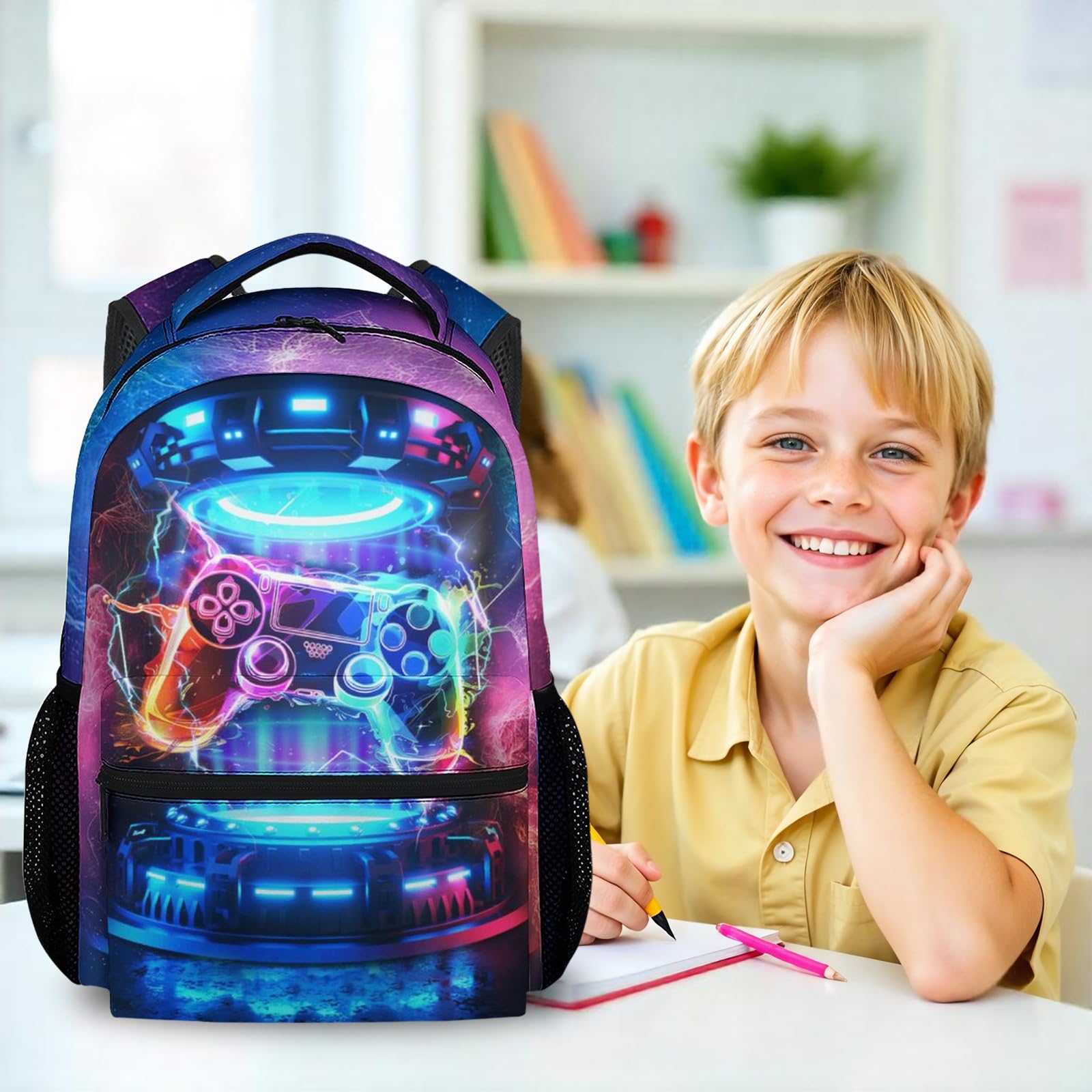 Eccustomized Boys Backpack for School - 17 Inches Colorful Gamer Backpacks for Kids, Gamer Lovers - Cool Gaming Bookbag for Elementary