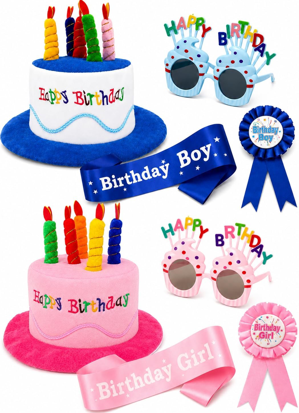 Birthday Hat for Adults, Plush Cake Hat Set with Birthday Boy Sash, Glasses & Button Pin