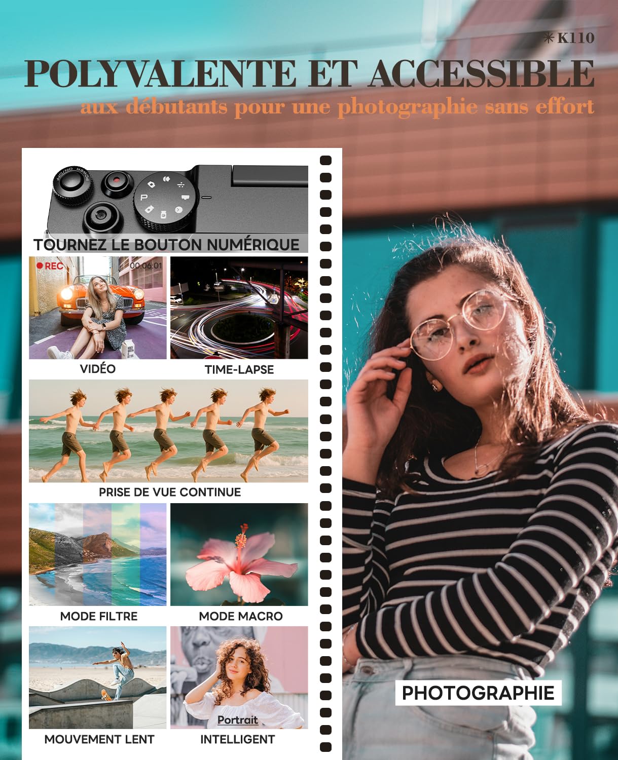 Appareil Photo Numérique 5K 64MP Autofocus Zoom 18x Écran IPS 3" Orientable 180° Carte 64GB 2 Batteries Noir