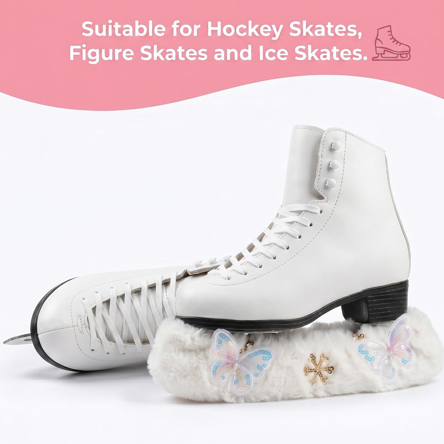 Ice Skate Soakers 1 Pair Plush Blade Covers with Embroidered Butterfly, Lightly Thickened 10g Padding, Soft Absorbent Lining, Fits Figure & Hockey Skates up to 12 inch, Skate Accessories