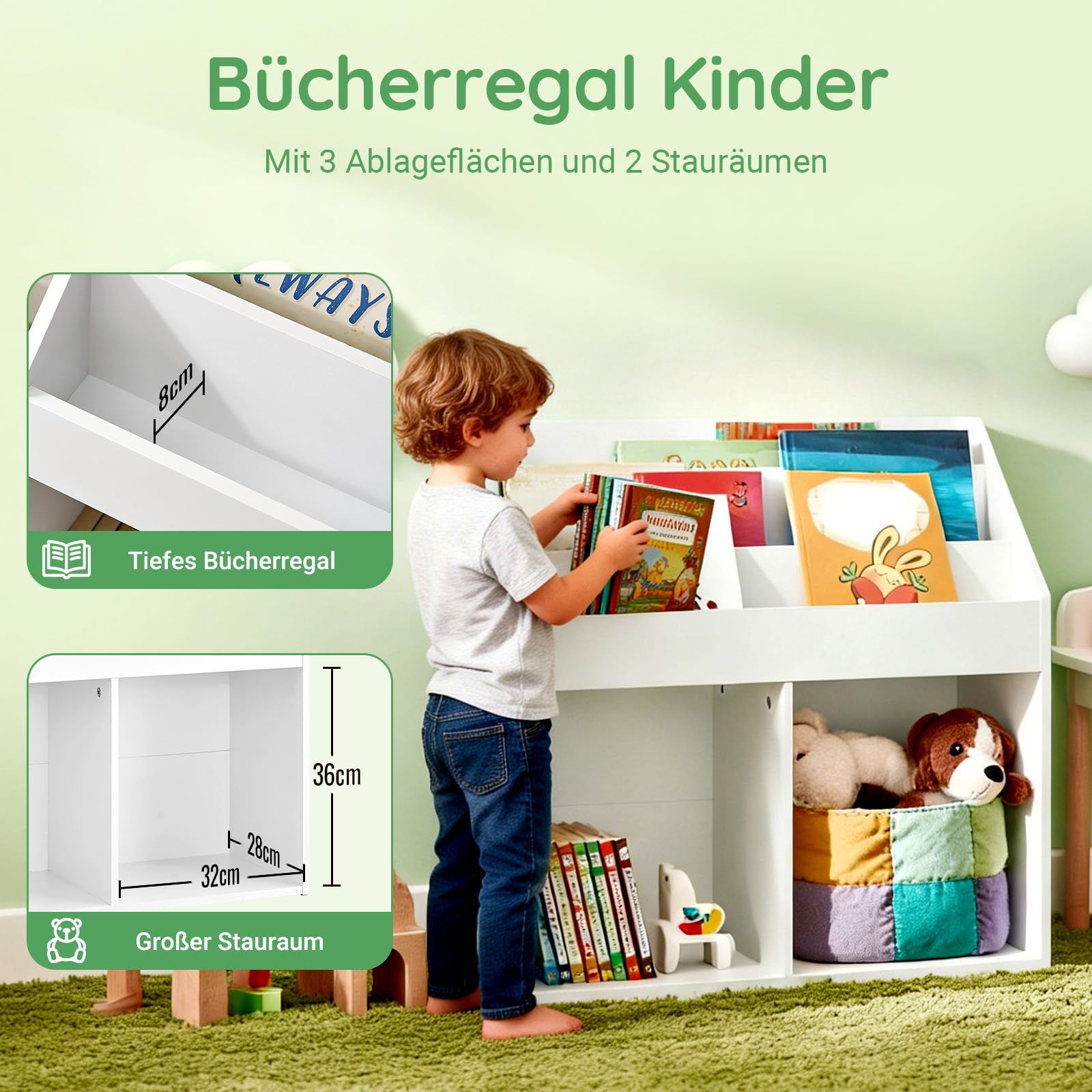 SoBuy Bücherregal Kinder Montessori mit 5 Fächern 68x68x30 cm Kinderzimmer | Kinderregal mit 3 Ablagefächern und 2 offenen Fächern, Bücherregal Kinderzimmer mit Spielzeug Aufbewahrung, Weiß, KMB01-II-W