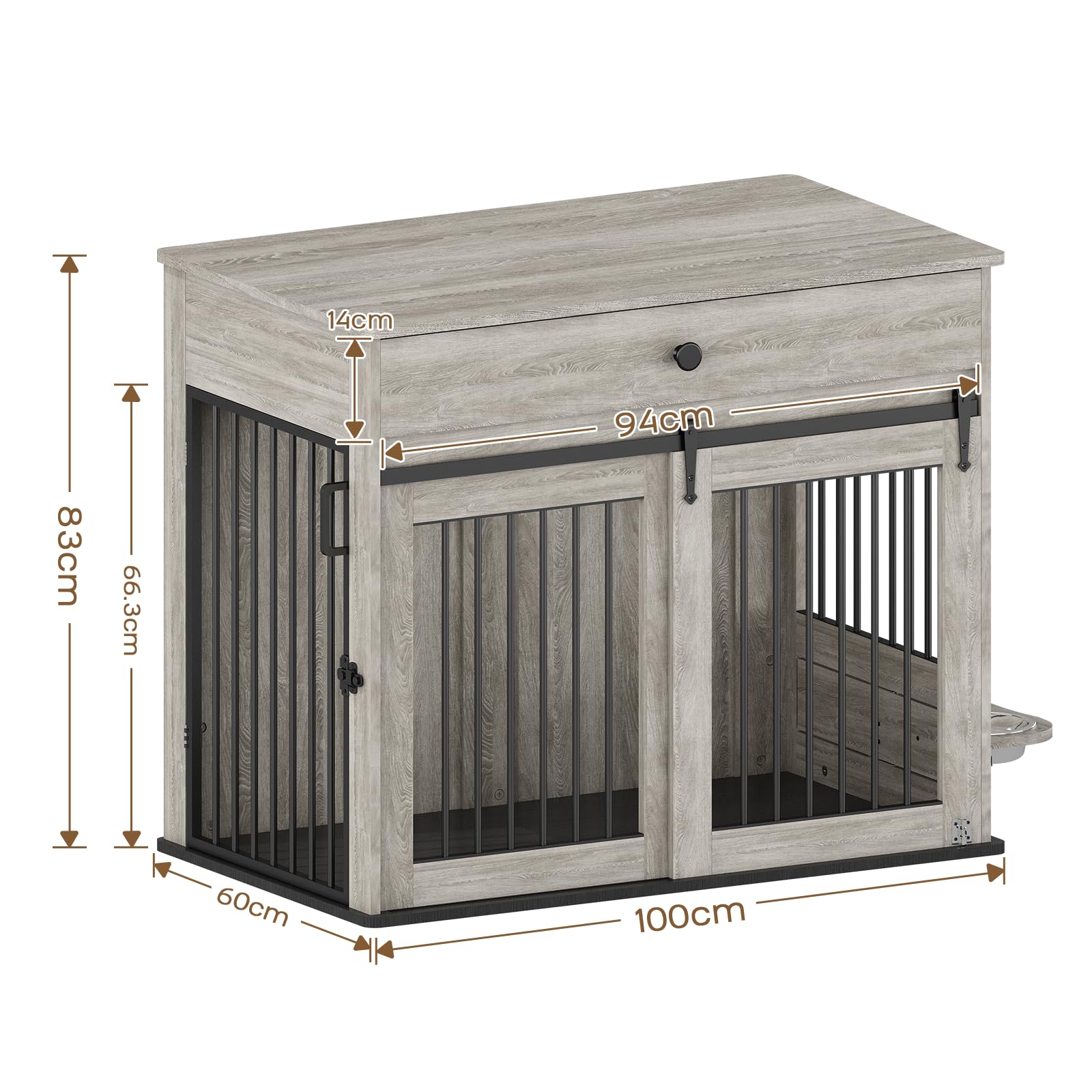 Cage pour Chien, Caisse pour Animaux de Style Meuble avec Portes Coulissantes, Niche D'intérieur en Bois avec Tiroir, Maison pour Chien avec Gamelle Pivotante à 360°, Gris