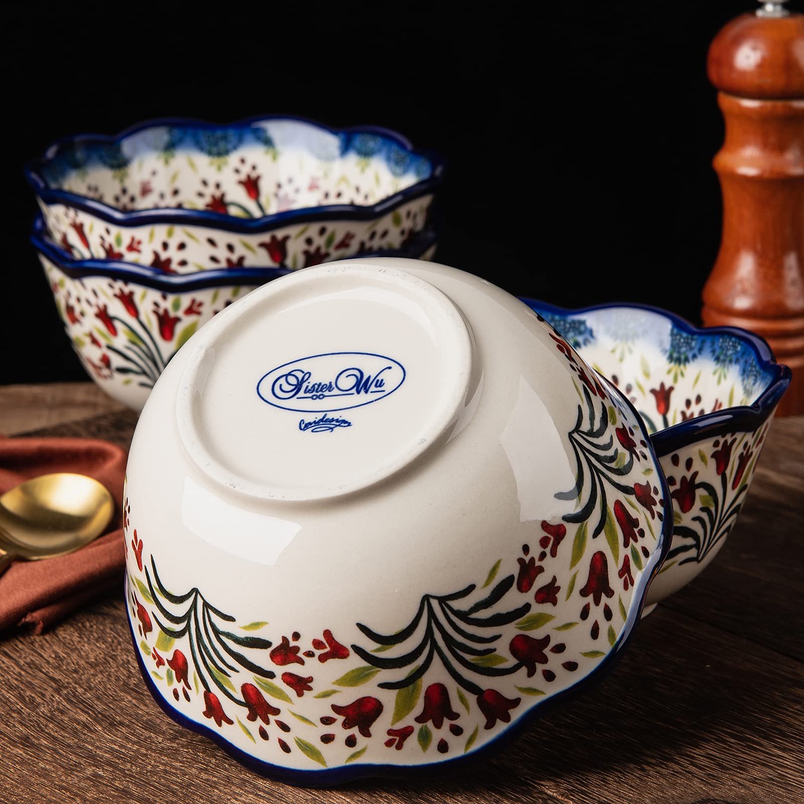 Müslischalen aus Keramik, 15.2 cm, Servierschüsseln, 4 Stück, ideal als Müslischalen, Suppen, Snacks, Reis- und Salatschüsseln, 590 ml, Vintageblau (die Tulpe)