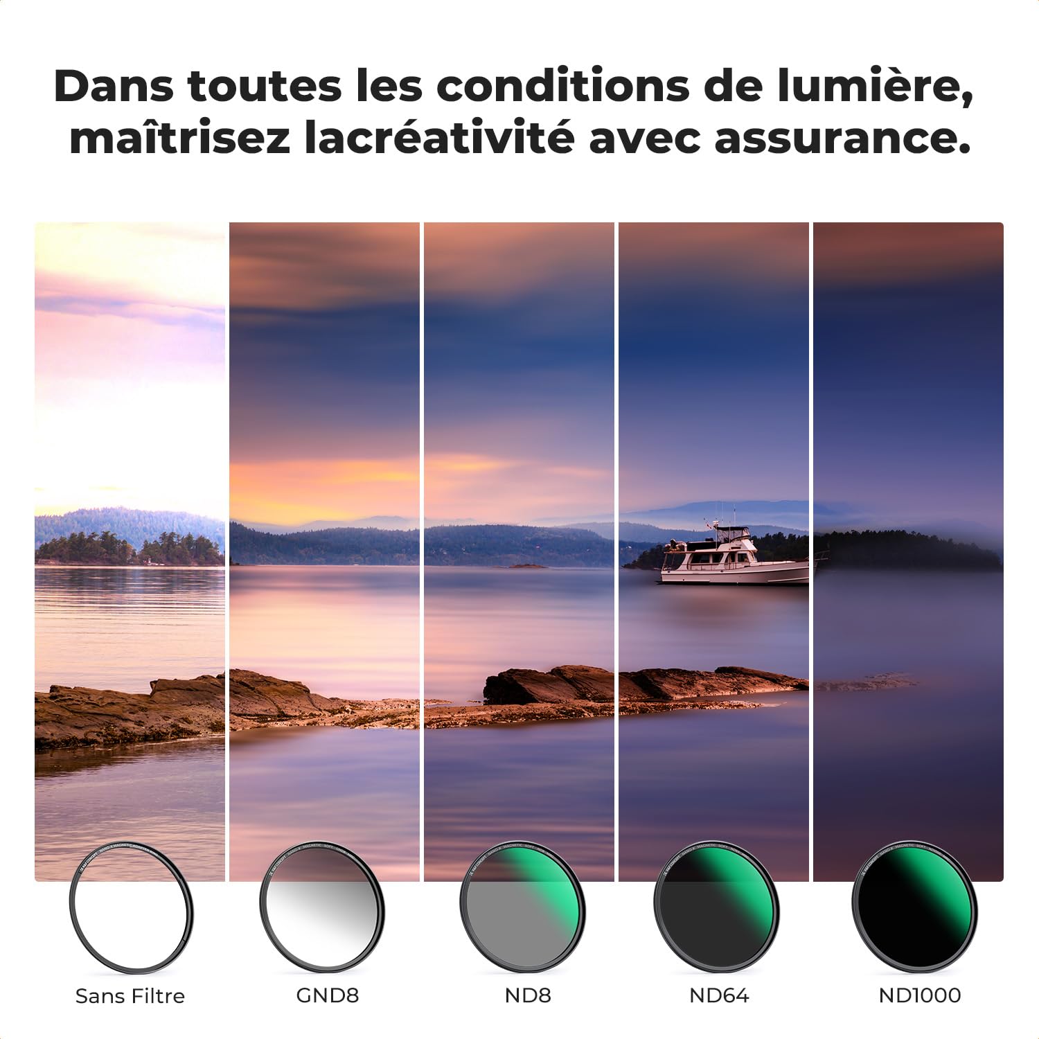 K&F CONCEPT 77mm Filtres Magnétiques GND8+ND8+ND64+ND1000+Bague Base+Sac en Kit Installer Rapidement pour Objectif Appareil Photo