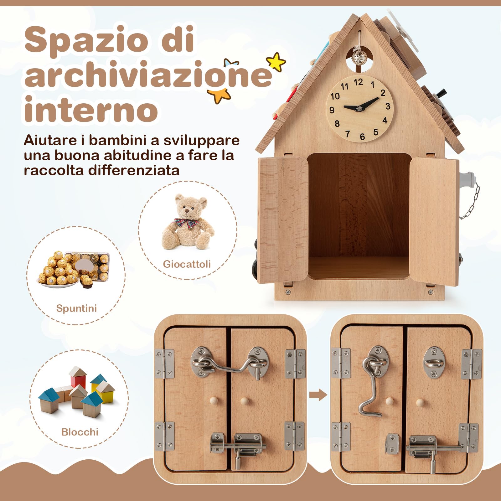 COSTWAY Occupato Montessori per Bambini in Legno, Casetta Giocattolo Piccola con Giochi Sensoriali e Vano Interno, Giochi Montessori per Motricità Fine, per Bambini 3 Anni+