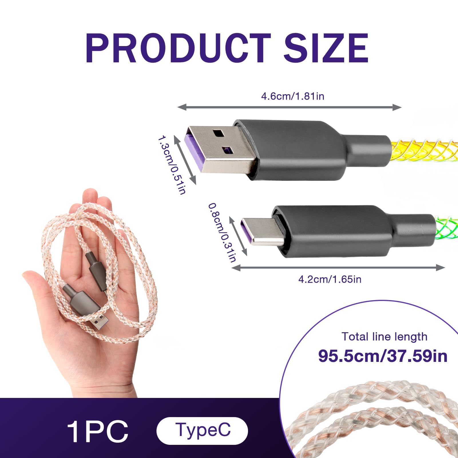 Cavo USB 3 In 1 Trasparente Luminoso Ricarica Rapida 1,2 Metri Per IPhone, USB-C, Micro USB