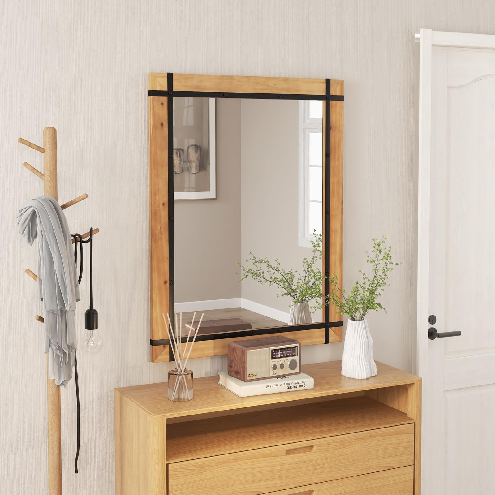 LIFEZEAL Specchio decorativo da parete 77 x 100 cm, specchio rettangolare con cornice in metallo e legno di abete, specchio da parete in stile rustico, per camera da letto, bagno, soggiorno,