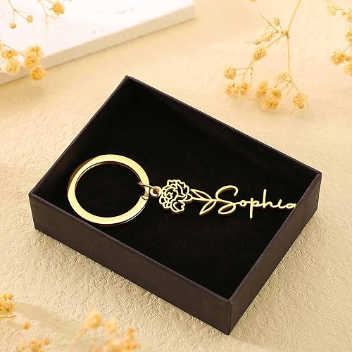 Miniatura 8 de Custom Birth Flower Keychain with Name,Personalized 18K Gold Plated KeyChains Engraved Handmade Key Chain Christmas Wedding Birthday Gifts for Women