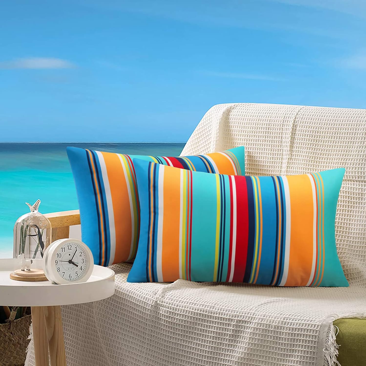 Pyonic Outdoor Lumbar Pillow Covers Set of 2 Waterproof Throw Pillow Covers Decorative Patio Pillows for Patio Tent Garden Beach,12x20 Inches,Color Stripe(Blue) - Image 2