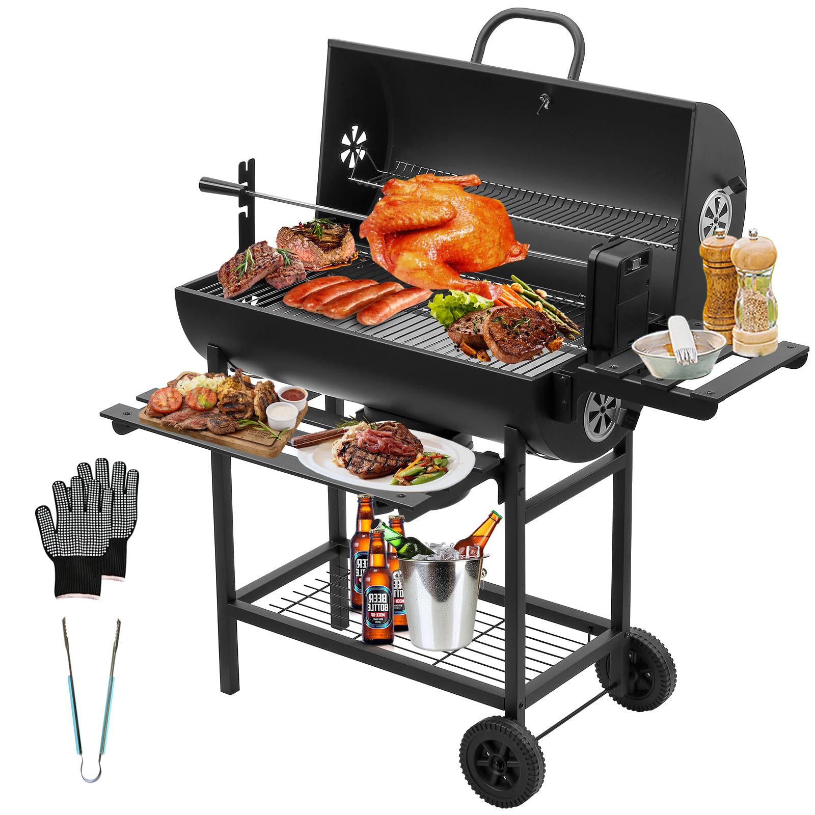 TEENO - Carro para barbacoa de madera, parrilla XXL de carbón con tapa, termómetro, cajón de ceniza, guantes antiquemaduras, ventilación ajustable, gran barbacoa de carbón de madera (Upgraded (with