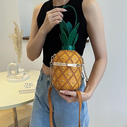 Miniatura 7 de Bolso tipo cubo de piña para mujer, bolso cruzado de cadena de moda con remache, bolso de hombro hawaiano tropical