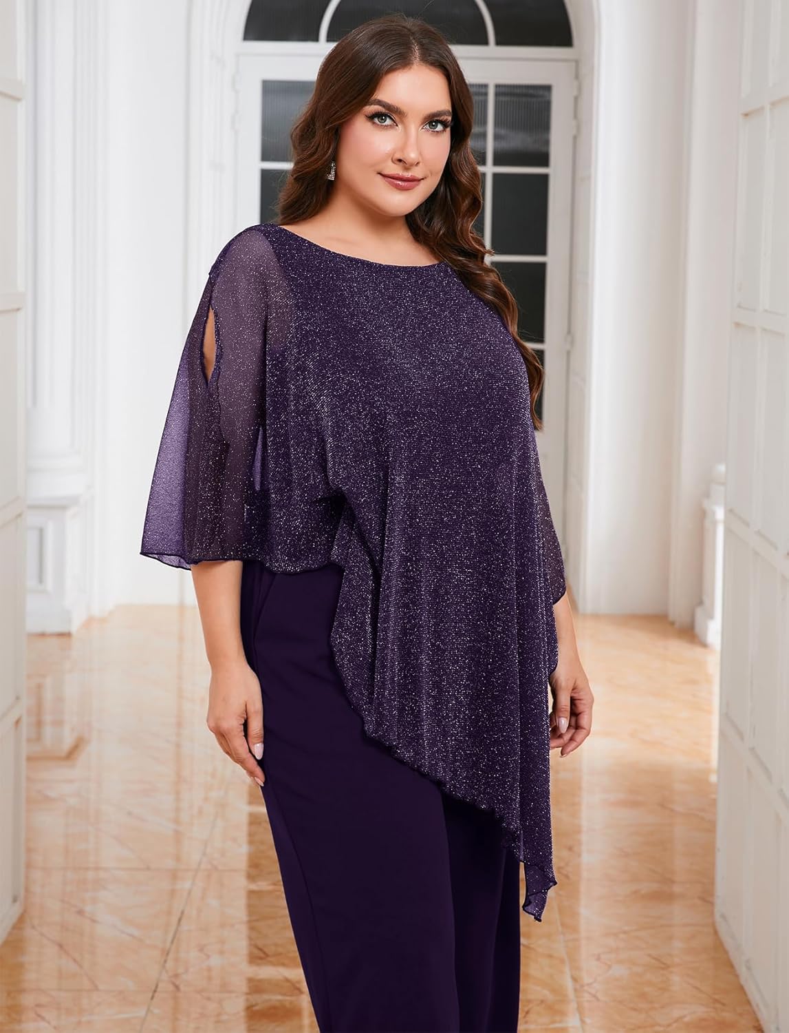 ZOMVA Plus Size Mother of The Bride Pant Suits Dressy 2 Piece Asymmetric Cape Set with Pockets Wedding Guest Outfit - Image 2