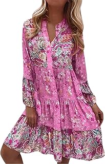 DeaAmyGline Summer Dress Women's Knee-Length Boho Dress Long Sleeve Beach Dress Summer Spring Tunic Dresses Elegant Vintage Ethnic Flowers Print Blouse Dress Midi Dress Spring Dress Casual Dress for