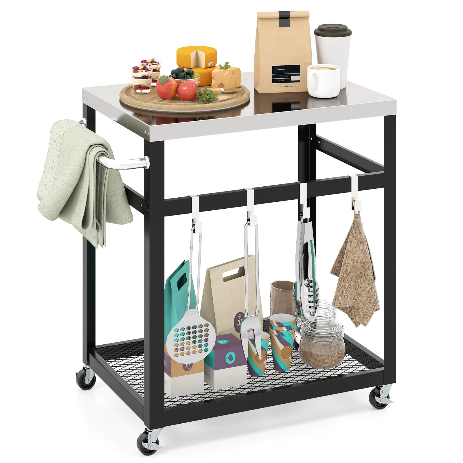 TANGZON Outdoor Grill Dining Cart, Movable Pizza Oven Trolley with 4 Universal Casters, Stainless Steel Top, Side Handle & Rack, Metal BBQ Cart Food Prep Station (2 tier, 84 x 50 x 84 cm)