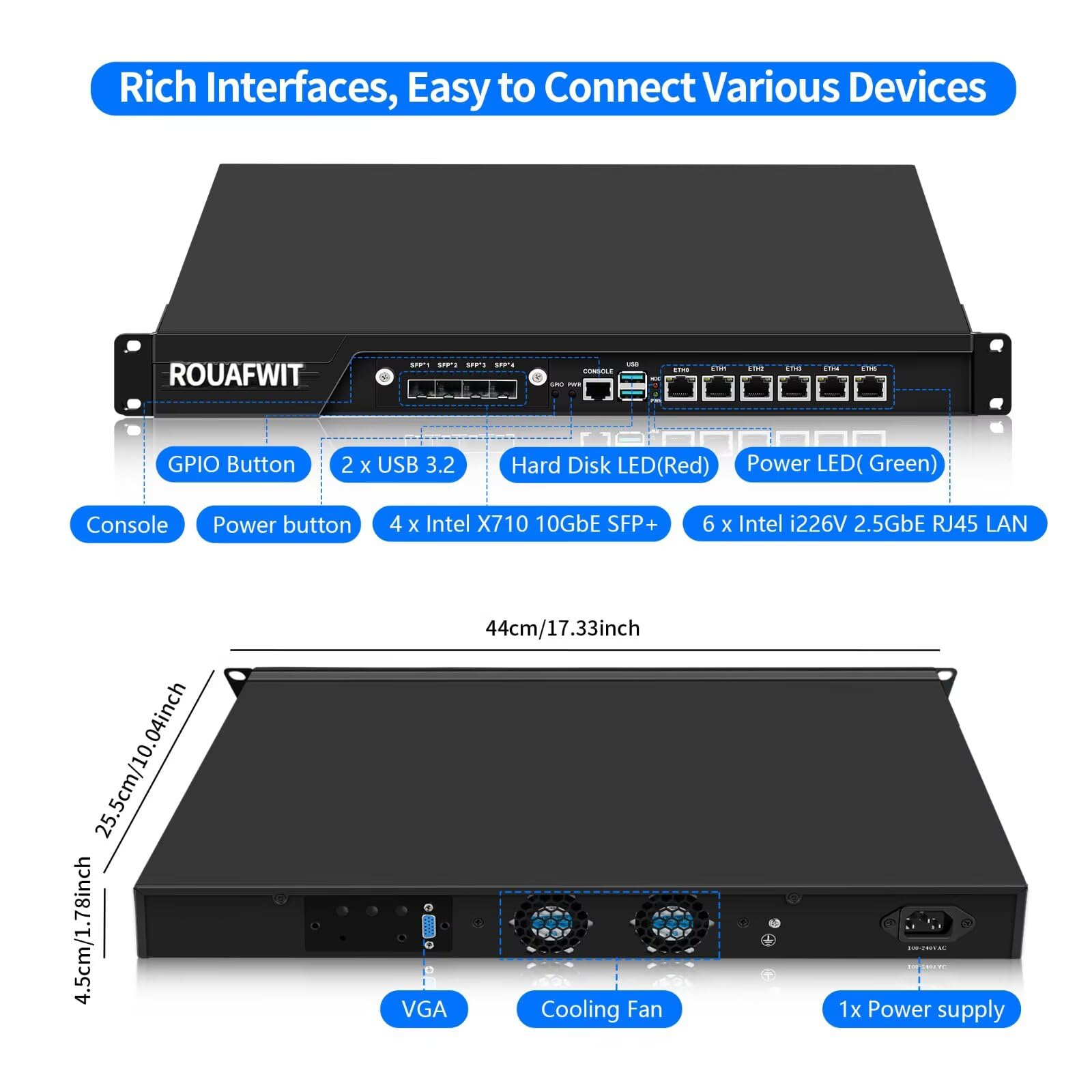 1U Firewall Appliance 10GBe, Core i3-12100, 4 x SFP+ X710 10Gbe, 6 x i226V 2.5GbE LAN, OPNsense, Network Rackmount 19 inch, DDR4 16G RAM 512G SSD