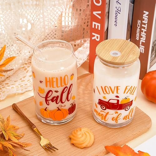 Miniatura 4 de Whaline Vasos para beber Hello Fall de 16 onzas, taza de vidrio de cosecha de otoño, taza de café helado con tapa de bambú, popote de vidrio,