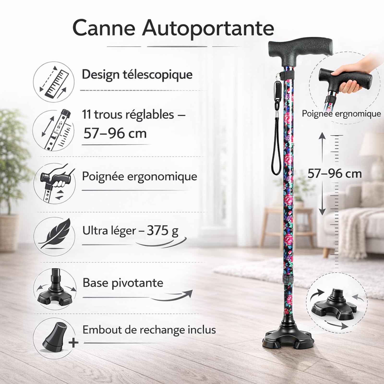 BeGrit Canne de Marche Telescopique 57-95 cm Cannes Tripode en Aluminium