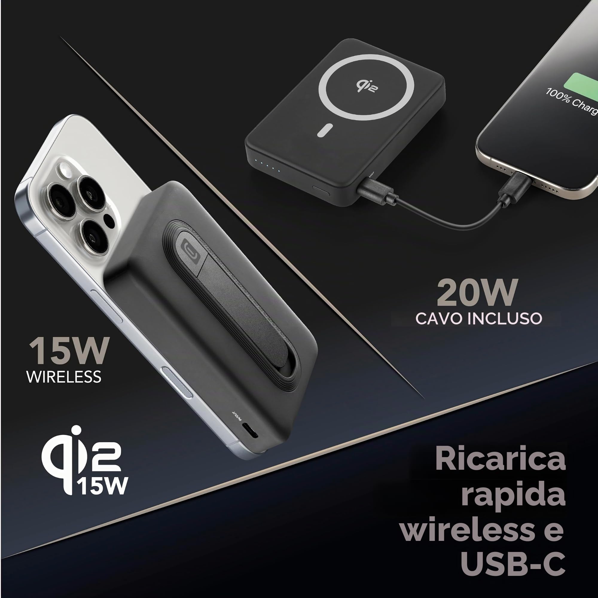 Cellularline Power Bank 10.000 mAh Qi2 15W con Stand Integrato e USB-C 20W – Soft-Touch, Mag Stand - Nero