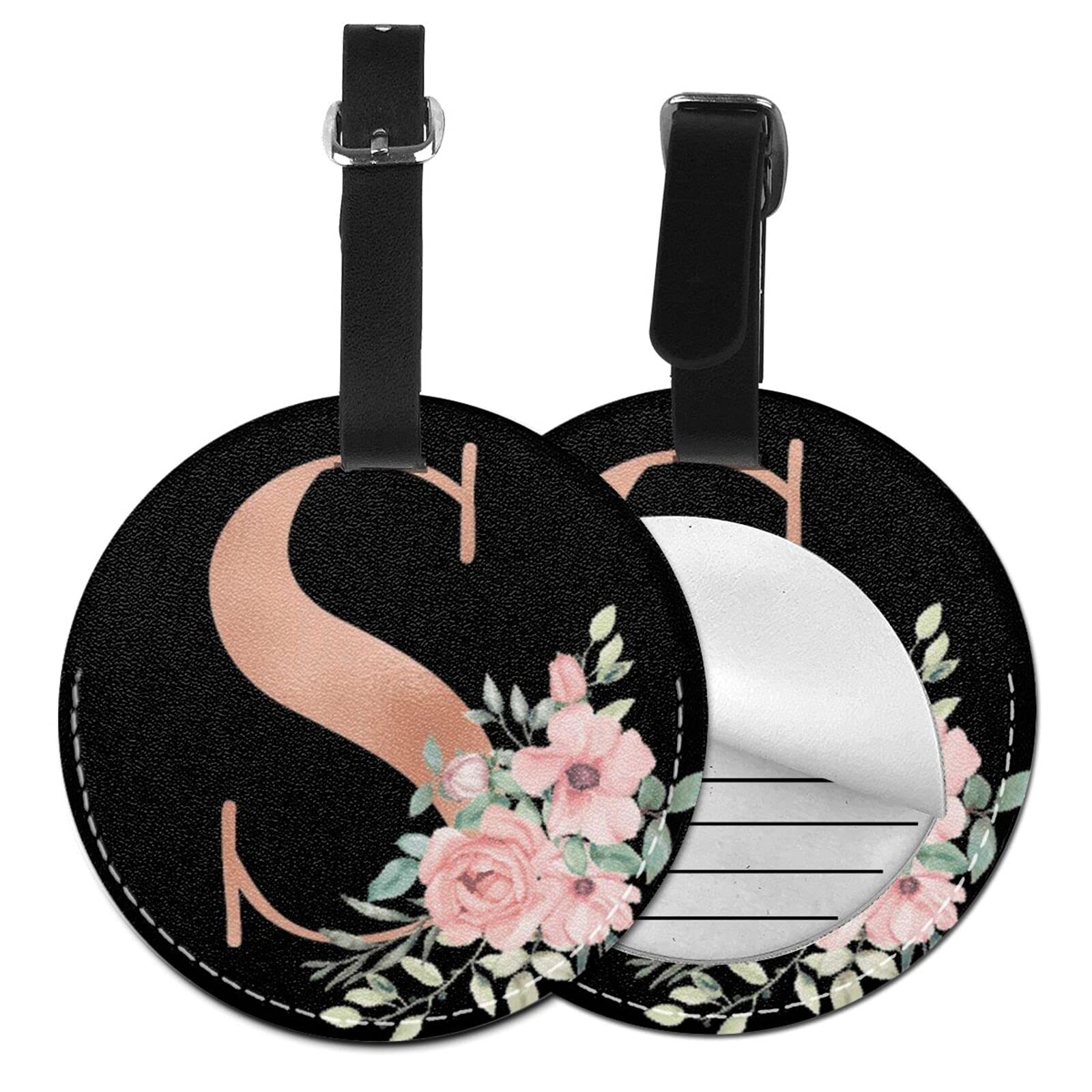 Luggage Tag Rose Blush Black Letter S Pink Flower, Pu Leather Bag Travel Suitcases Id Identifier Baggage Label for Women Men Boys Girls