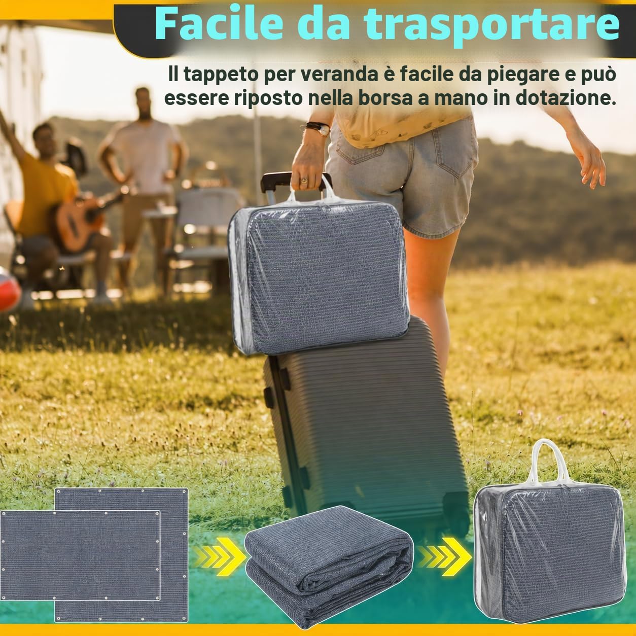 Tappeto per veranda 300 x 400 cm, tappeto da campeggio outdoor traspirante, lavabile, antiscivolo, con 13 picchetti e borsa per il trasporto, per roulotte, camper, tenda da sole, grigio blu