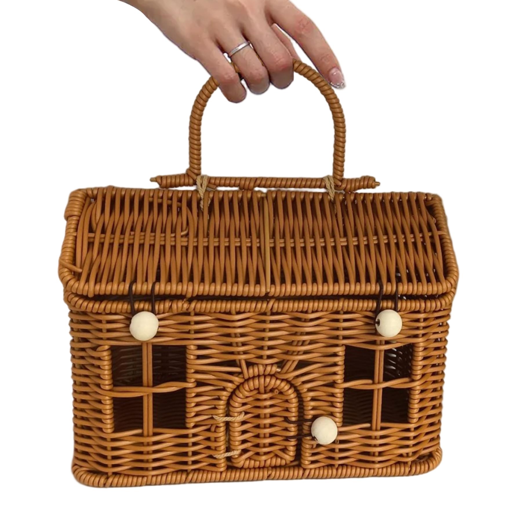 Panier de récolte de Jardin, Panier Pique-Nique en rotin PP en Forme Maison 9x6x5, 5 Pouces avec Couvercle et poignée, Valise en Osier à Fermeture à Bouton pour l'organisation, Le Rangement