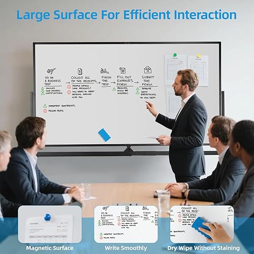 Miniatura 3 de VOWNER Pizarra blanca magnética de doble cara, 72 x 40 pulgadas, pizarra móvil grande de borrado en seco, pizarra blanca reversible con marco y