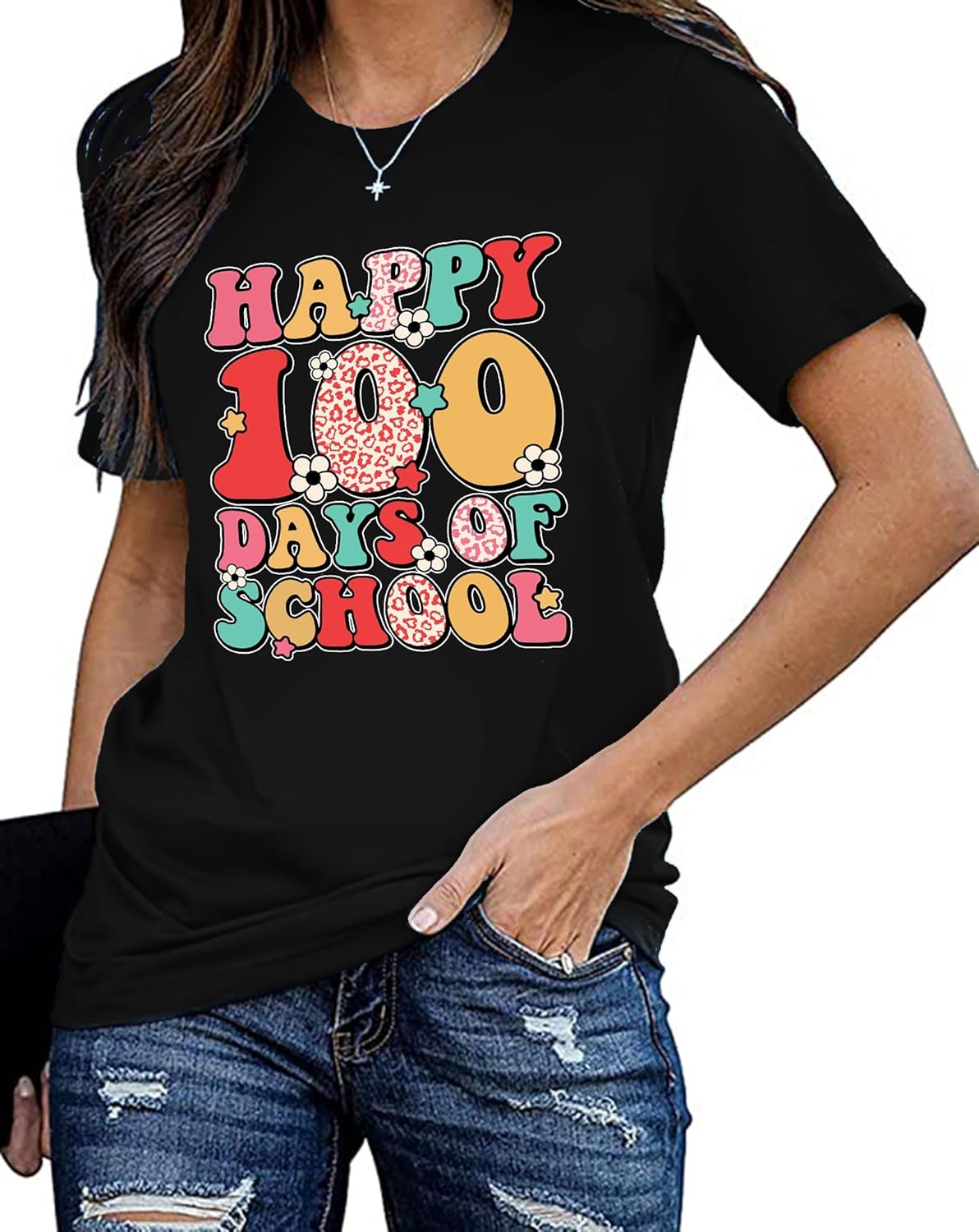 Happy 100 Days of School Shirt-Women Cute Flower Teacher Short Sleeve School Days Party Tops Tee - Image 3
