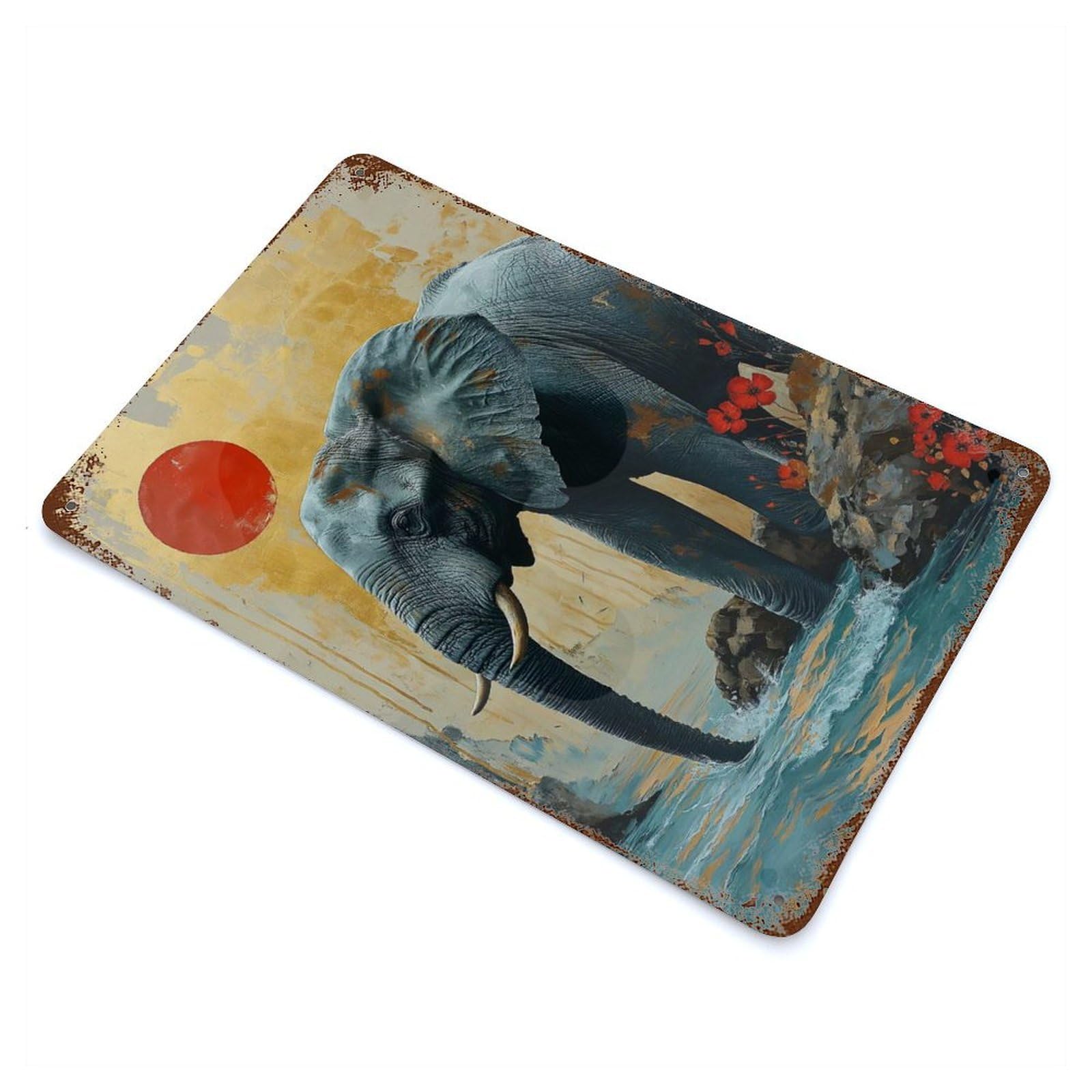Rust Effect Elephant with Sunset Rusty Metal Tin Sign 11.8"x7.9", Old School Wall Decor for Pub, Kitchen And Man Cave Decor