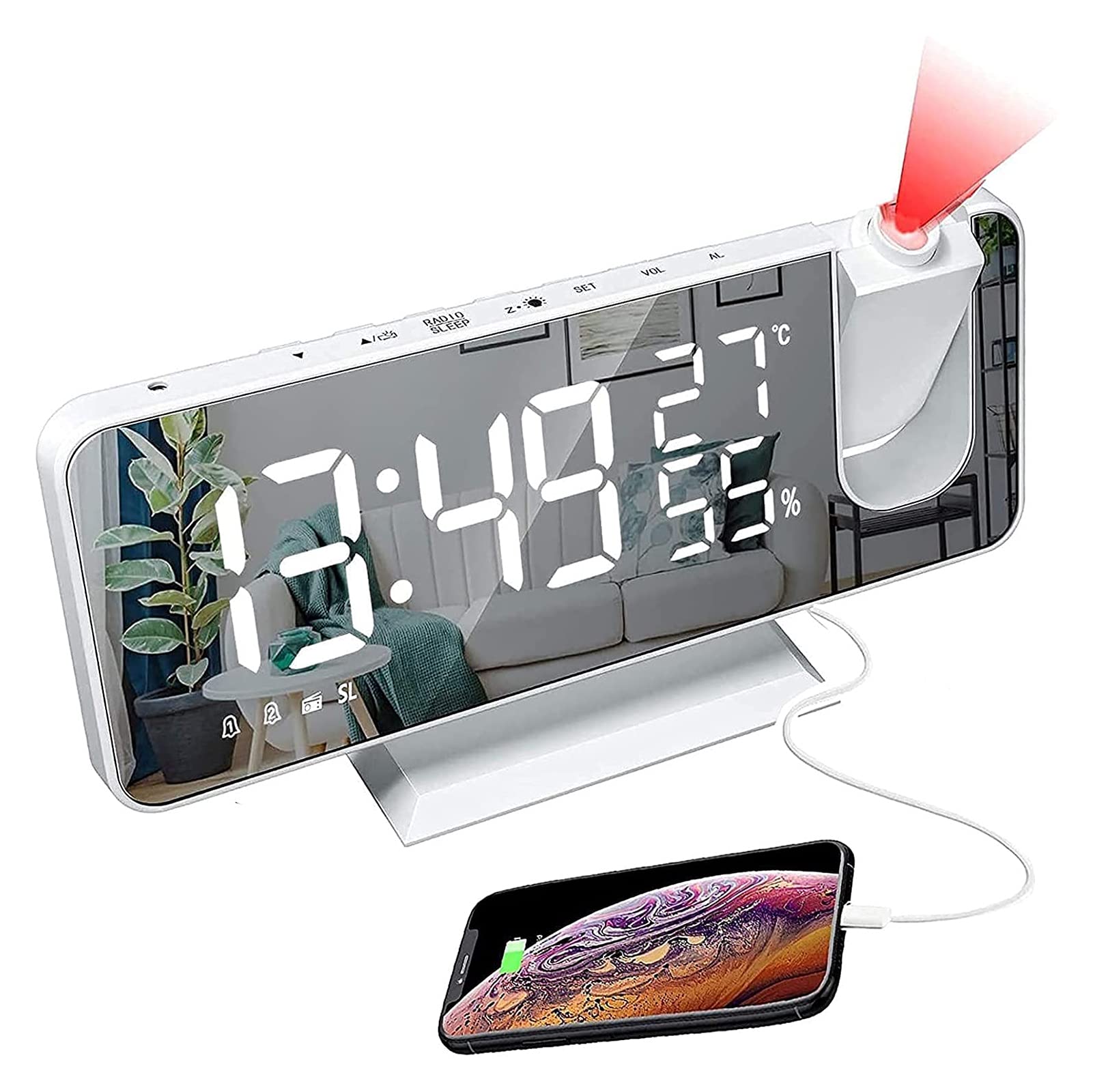 WTL Despertador Reloj de alarma digital de proyección con FM Radio, 7.3 DIRIGIÓ Pantalla de espejo GRAND DIGIT, 180 ° Proyector Modern Mirror Superficie Reloj de alarma con función Snooze / 2 sonidos