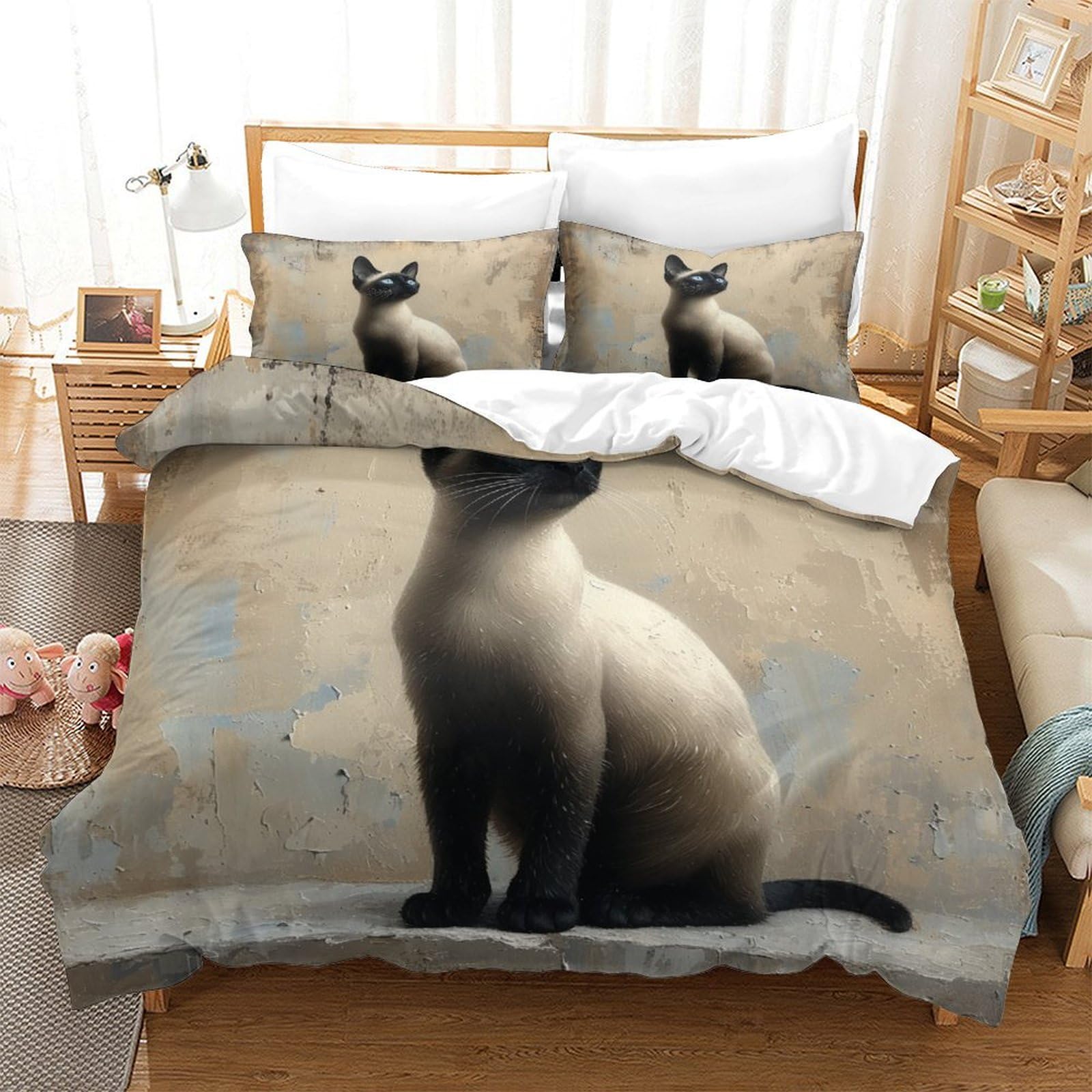 Housse de couette chat égyptien 260x220 cm avec taies d'oreiller en microfibre douce