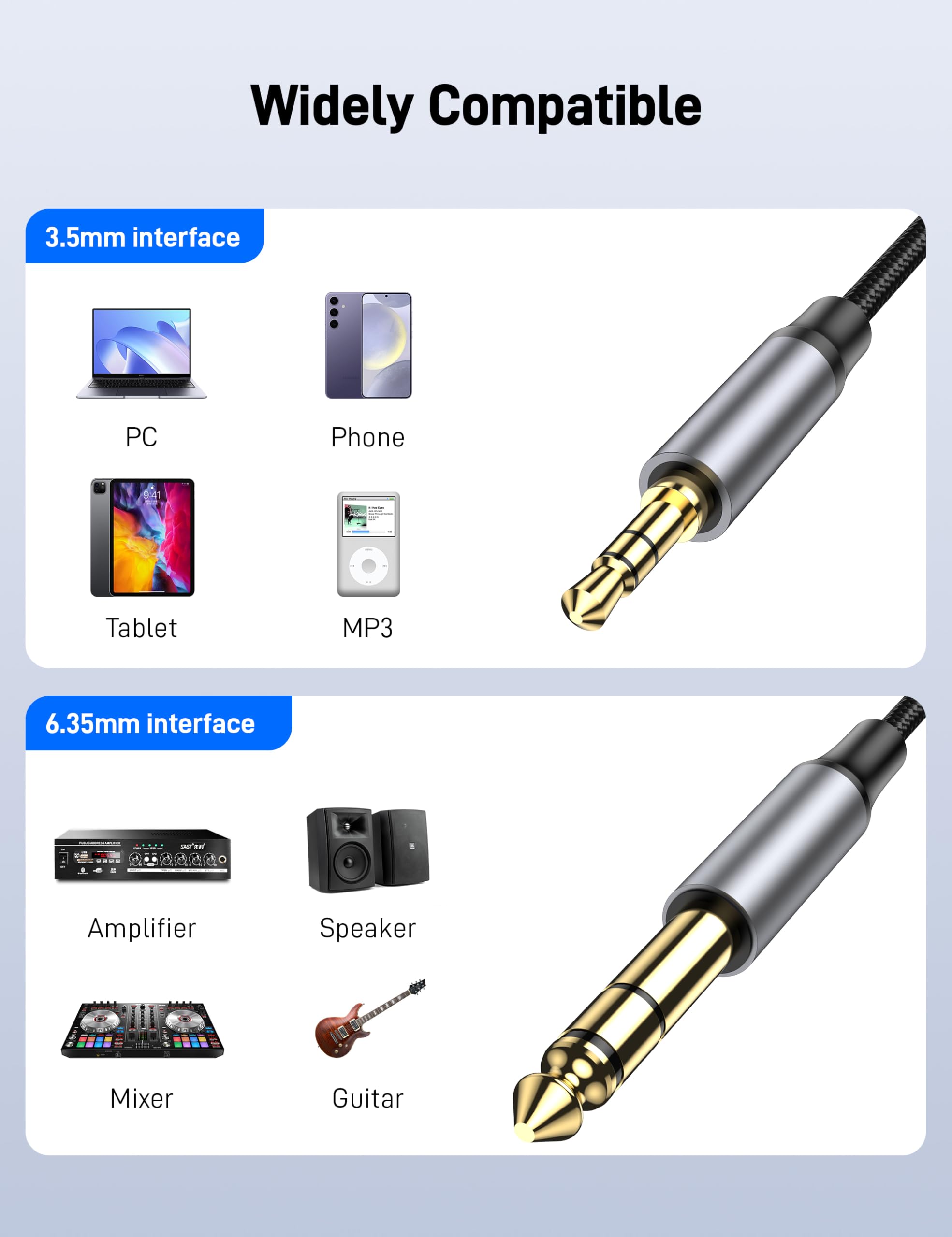 3M 3,5mm a 1/4 adattatore audio cavo stereo TRS 1/8 a quattro pollici TS 6,35mm Y splitter chitarra AMP Aux cavo per cellulare, commutatore, home cinema apparecchiature (2Pack)
