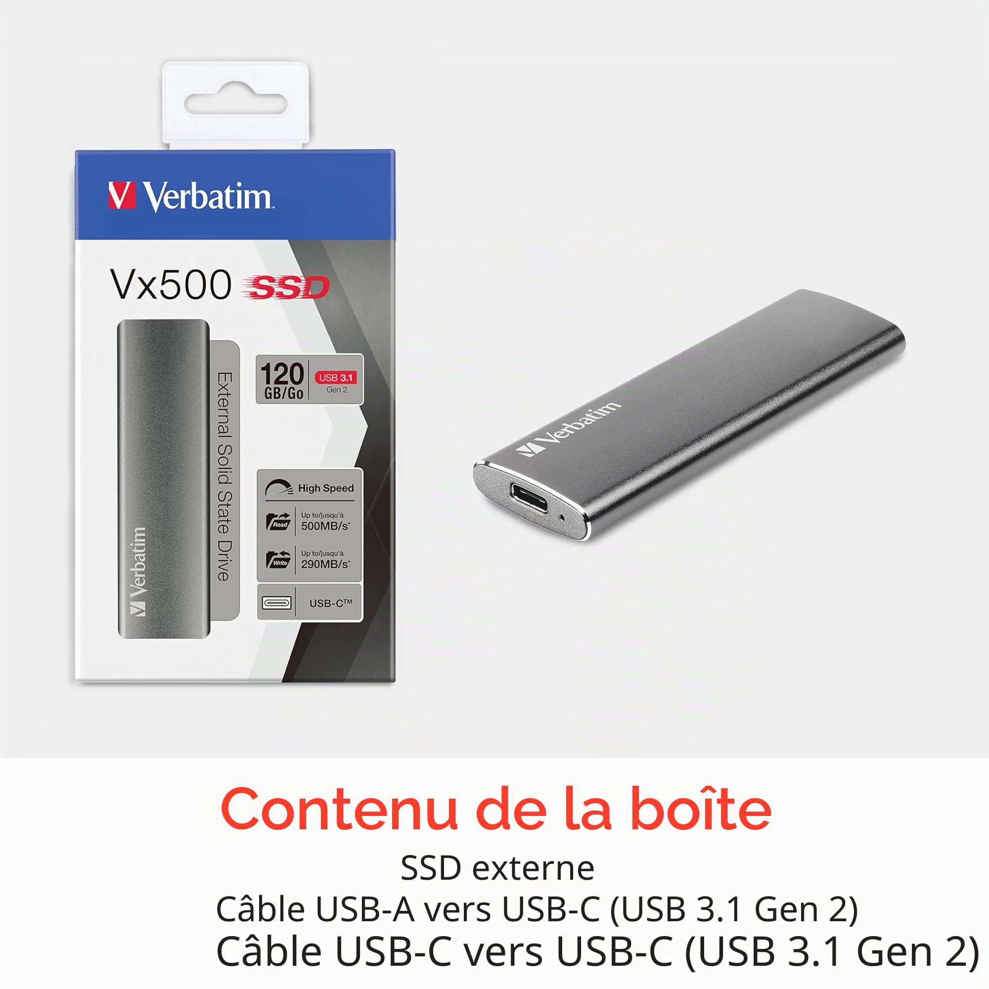 Verbatim Vx500 - Ssd - 480 Gb - Extern (tragbar) - Usb 3.1 Gen 2 (usB-C Steckverbinder) - SpacE-Grau