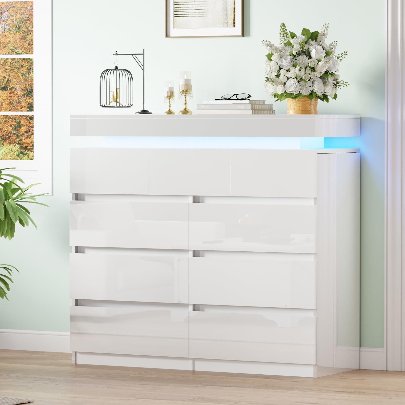 BSTSEL White High Gloss Chest of Drawers, 3/5/6/7/8/9 Drawers Chest, Large Storage Space for Living Room and Bedroom Bedside Table Cabinet with 16 Colours RGB Lights (9 Drawers Cabinet High Gloss)