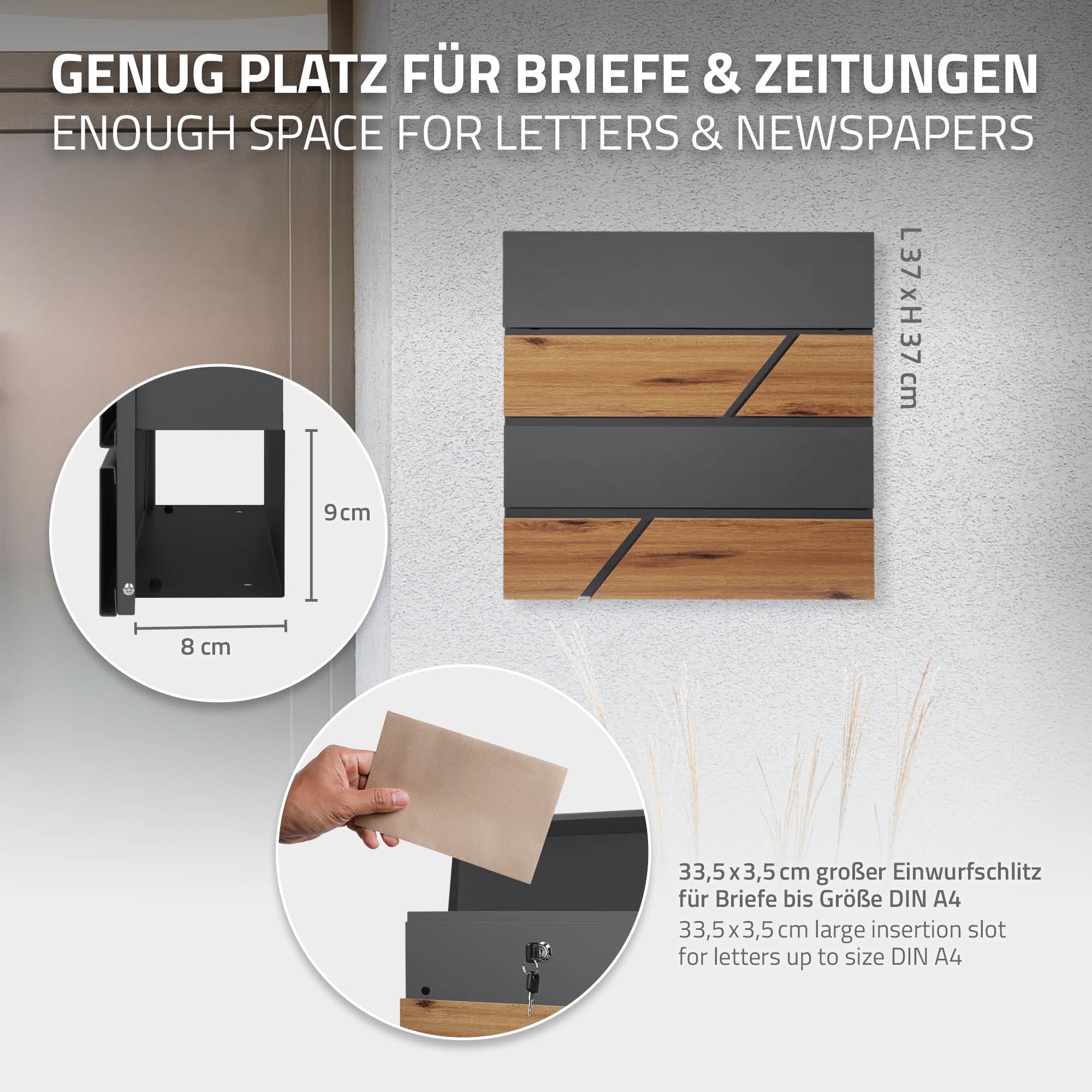 ML-Design Buzón De Correo con Compartimento para El Periódico 37x37x11cm Acero Antracita Natural Aspecto De Madera Cerradura con 2 Llaves Solapa De Cierre Total Moderno Montado En La Pared Exterior