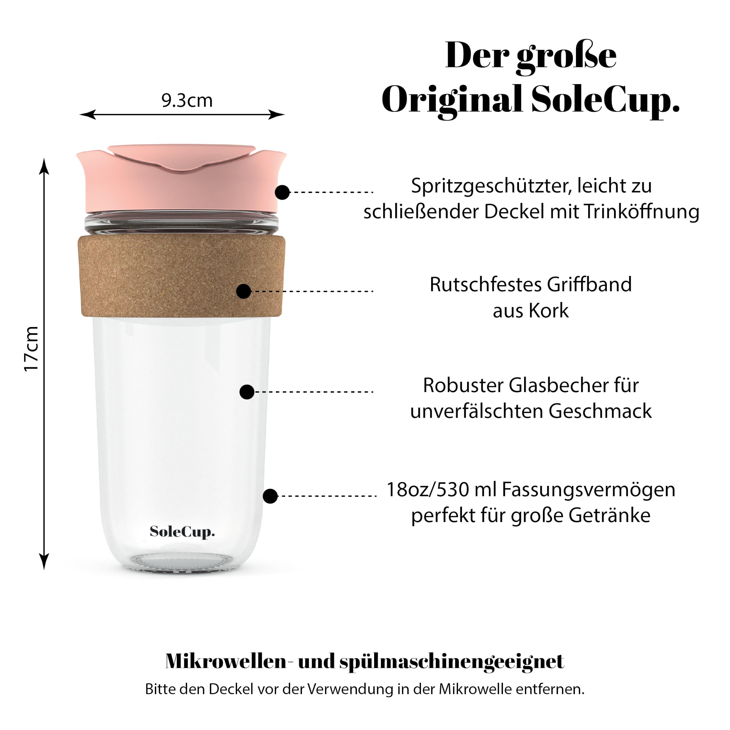 The Original - Taza de café reutilizable de vidrio para viaje (18 onzas), color rosa