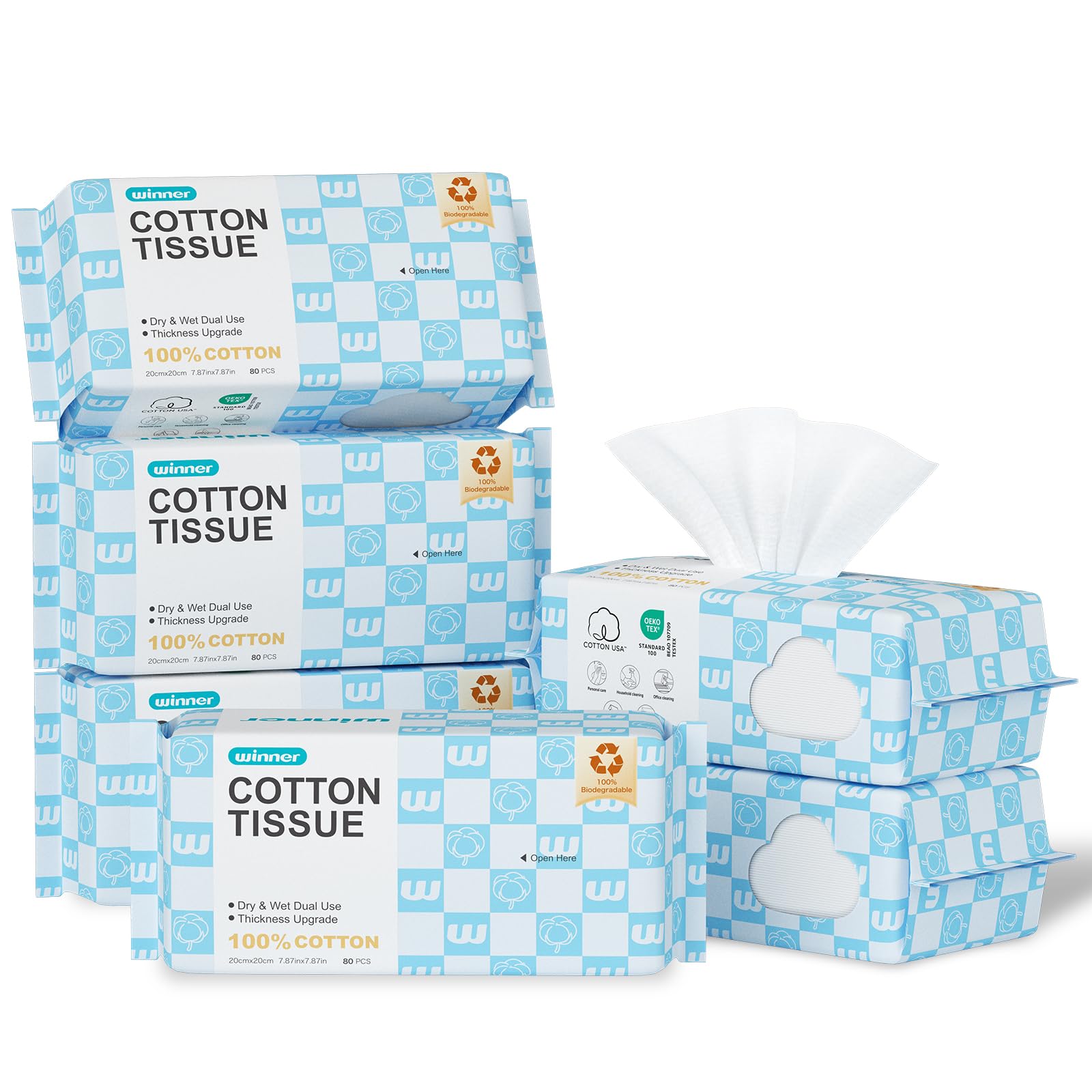 Winner Soft Face Towels, Upgraded Thicker 100% USA Cotton Dry Wipes, Unscented and Gentle on Sensitive Skin, Disposable Makeup Remover and Facial Towelettes (480 Count, Pack of 6)