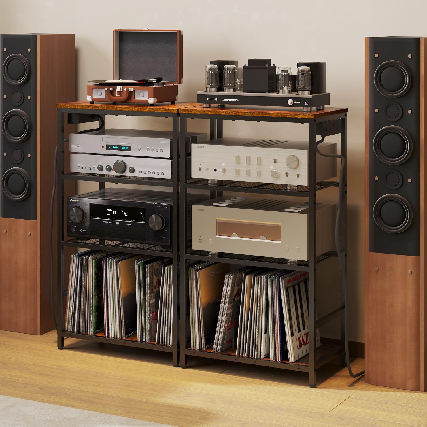 Record Player Stand with Storage, 4 Tier Turntable Stand with Vinyl Record Storage, Stereo Cabinet with Record Holder, Media Stand with Outlets for Entertainment Center