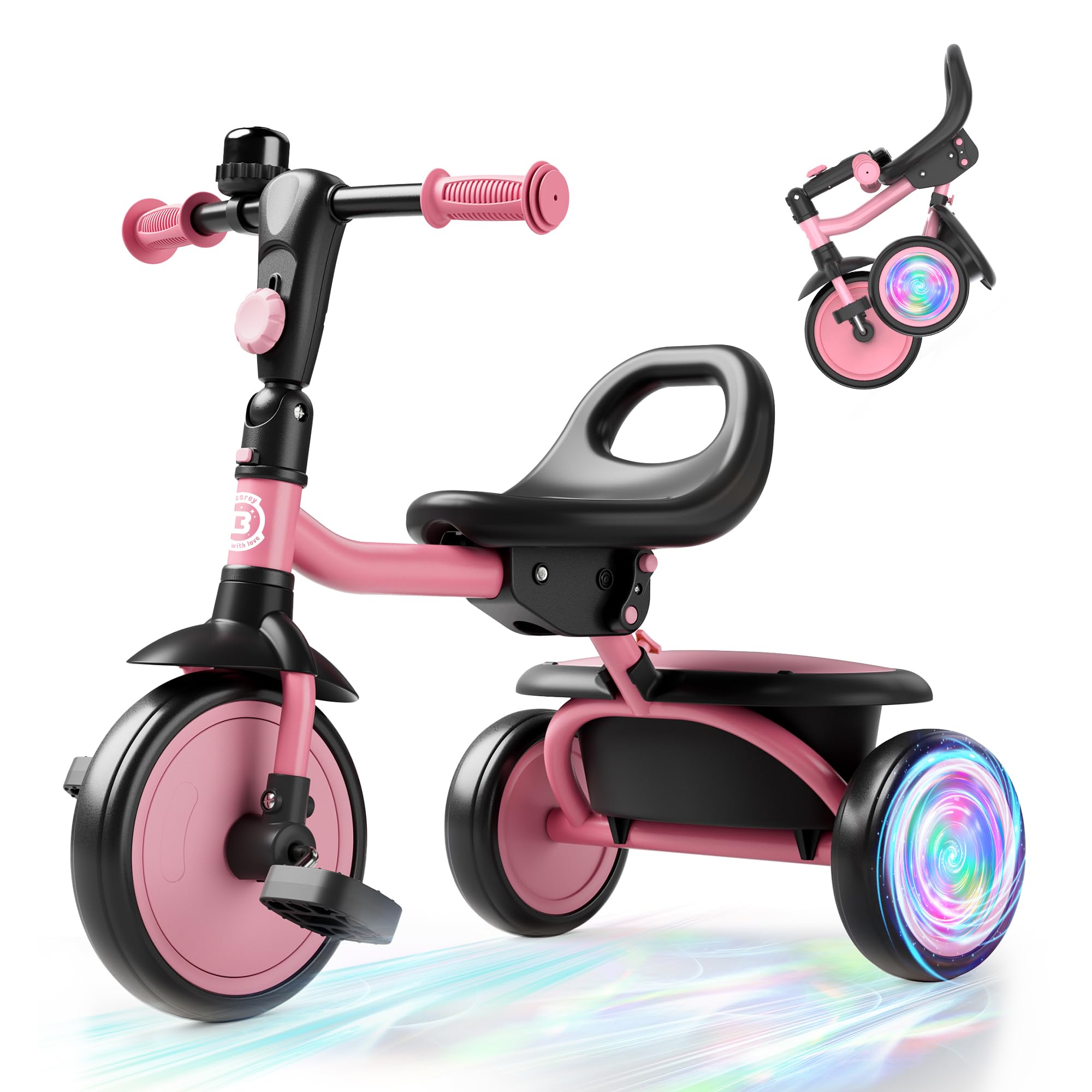 besrey Kids Tricycle with Flash Wheels for Ages 18 Months to 5 Years, Toddler Bike with Bell, Kids Tricycle, Trike for Toddlers, Pink Flash