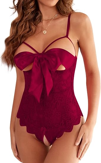 Donnalla Women Sexy Bodysuit Self Knot Front Floral Lace Teddy One Piece Babydoll Naughty Lingerie